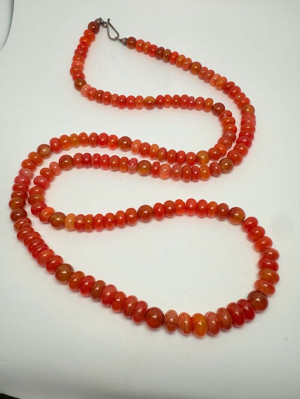 Carnelian Agate Bead Necklace Red Gemstone 925 Silver 33”